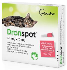 Vetoquinol Dronspot Krople na robaki i pasożyty dla kota o wadze 2.5kg-5kg op. 2 pipety [Data ważności: 10.2024r.]