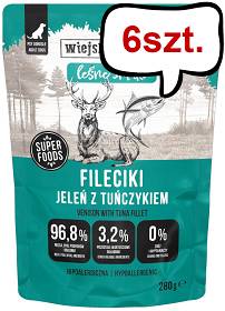 Wiejska Zagroda Adult Leśne Smaki Fileciki Jeleń z tuńczykiem Mokra Karma dla psa op. 280g Pakiet 6szt.